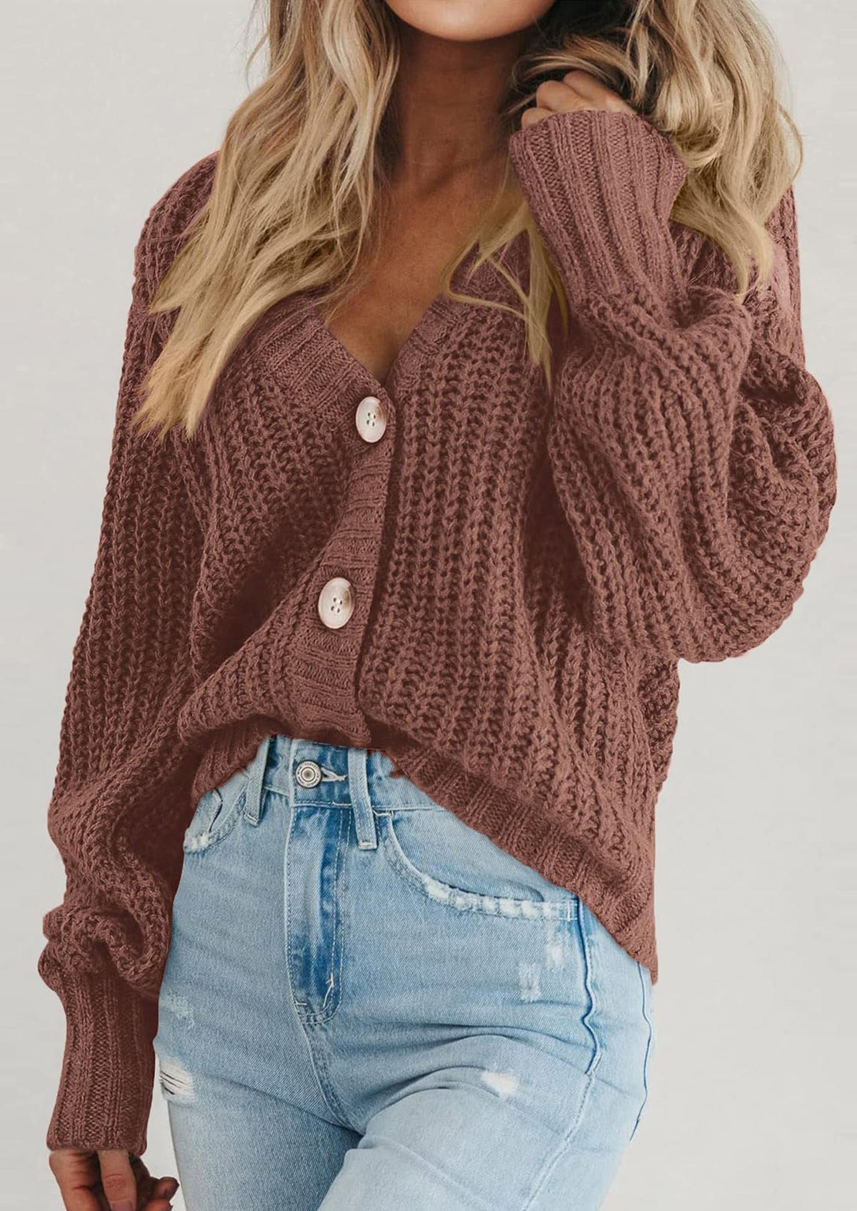 Pisania Women's Chunky Knit Open Front Sweater Long Sleeve Button Loose Short Cardigan Outerwear Coats