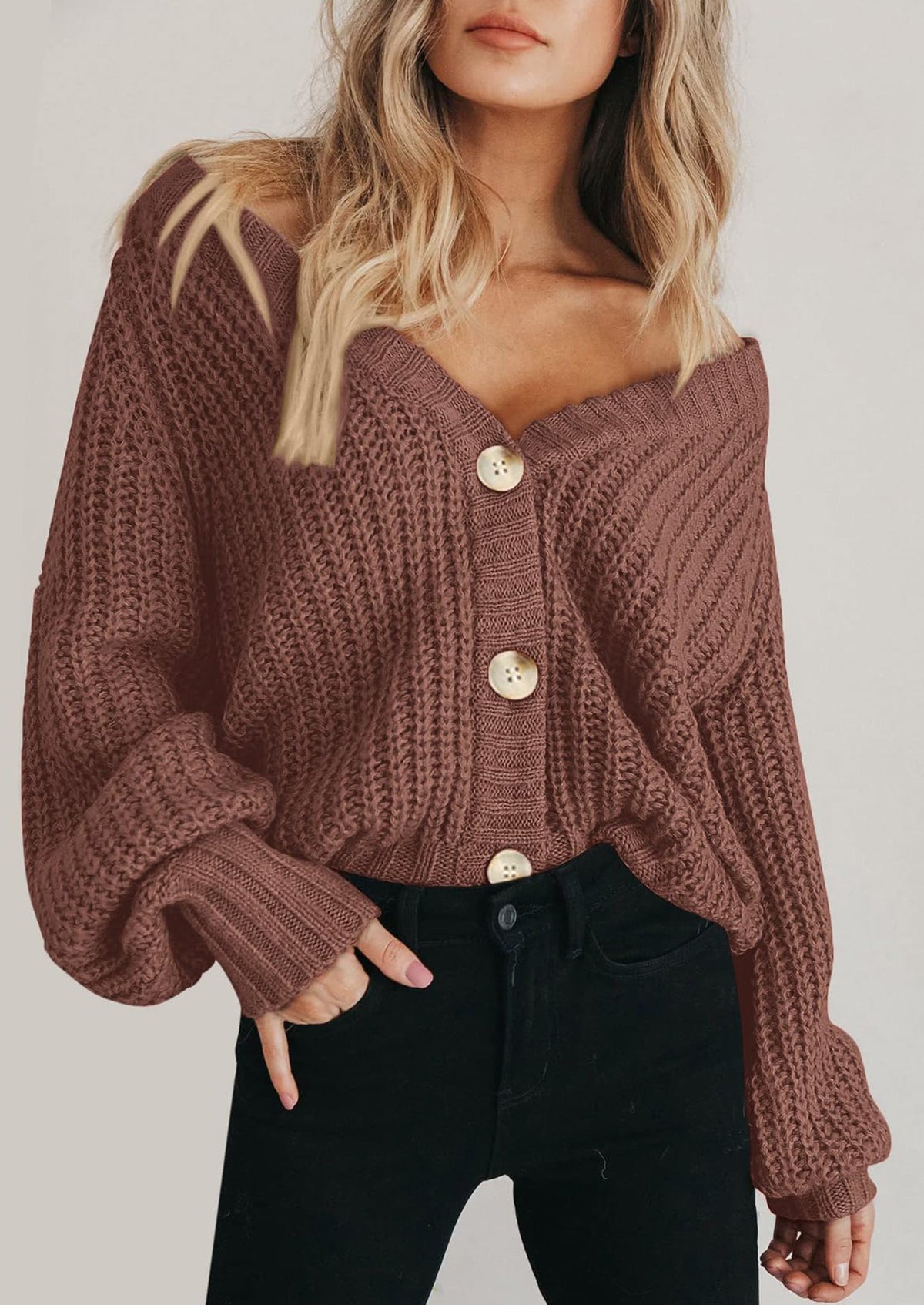 Pisania Women's Chunky Knit Open Front Sweater Long Sleeve Button Loose Short Cardigan Outerwear Coats
