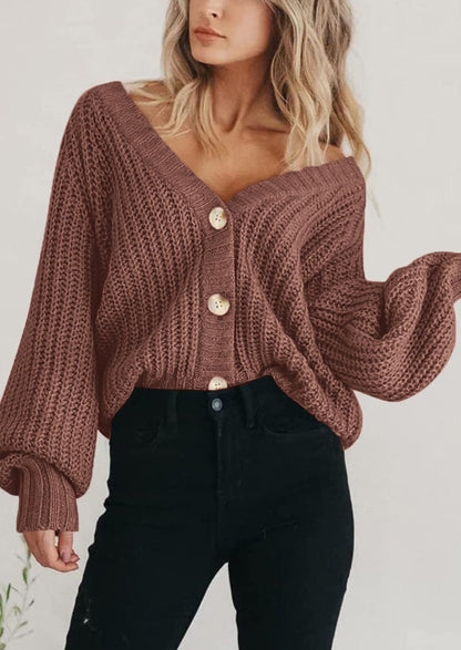 Pisania Women's Chunky Knit Open Front Sweater Long Sleeve Button Loose Short Cardigan Outerwear Coats