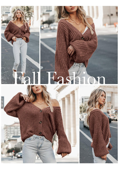 Pisania Women's Chunky Knit Open Front Sweater Long Sleeve Button Loose Short Cardigan Outerwear Coats