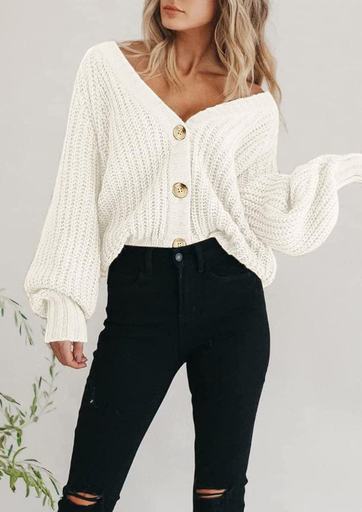 Pisania Women's Chunky Knit Open Front Sweater Long Sleeve Button Loose Short Cardigan Outerwear Coats