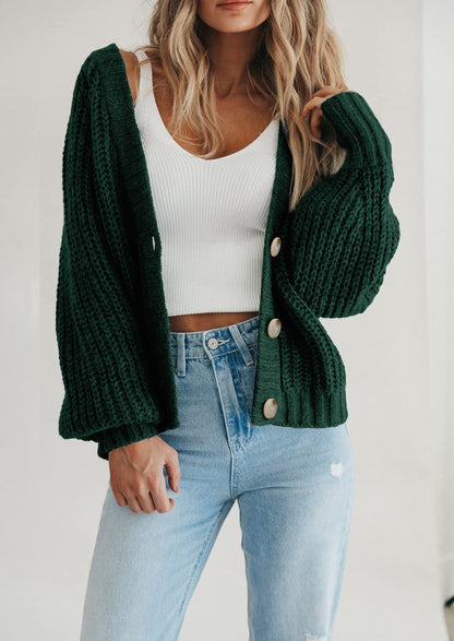 Pisania Women's Chunky Knit Open Front Sweater Long Sleeve Button Loose Short Cardigan Outerwear Coats