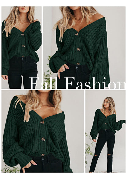 Pisania Women's Chunky Knit Open Front Sweater Long Sleeve Button Loose Short Cardigan Outerwear Coats