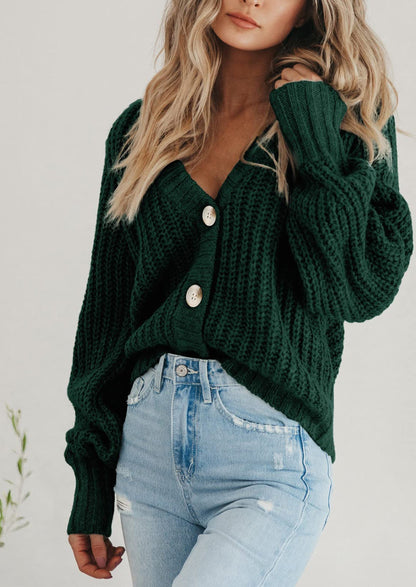 Pisania Women's Chunky Knit Open Front Sweater Long Sleeve Button Loose Short Cardigan Outerwear Coats