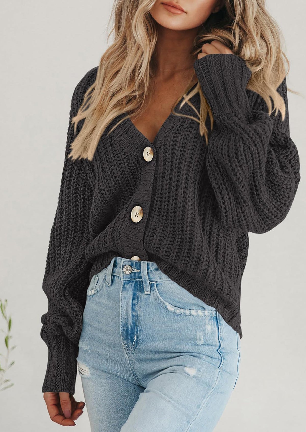 Pisania Women's Chunky Knit Open Front Sweater Long Sleeve Button Loose Short Cardigan Outerwear Coats