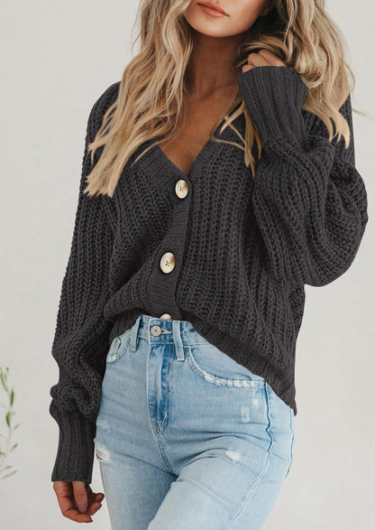 Pisania Women's Chunky Knit Open Front Sweater Long Sleeve Button Loose Short Cardigan Outerwear Coats