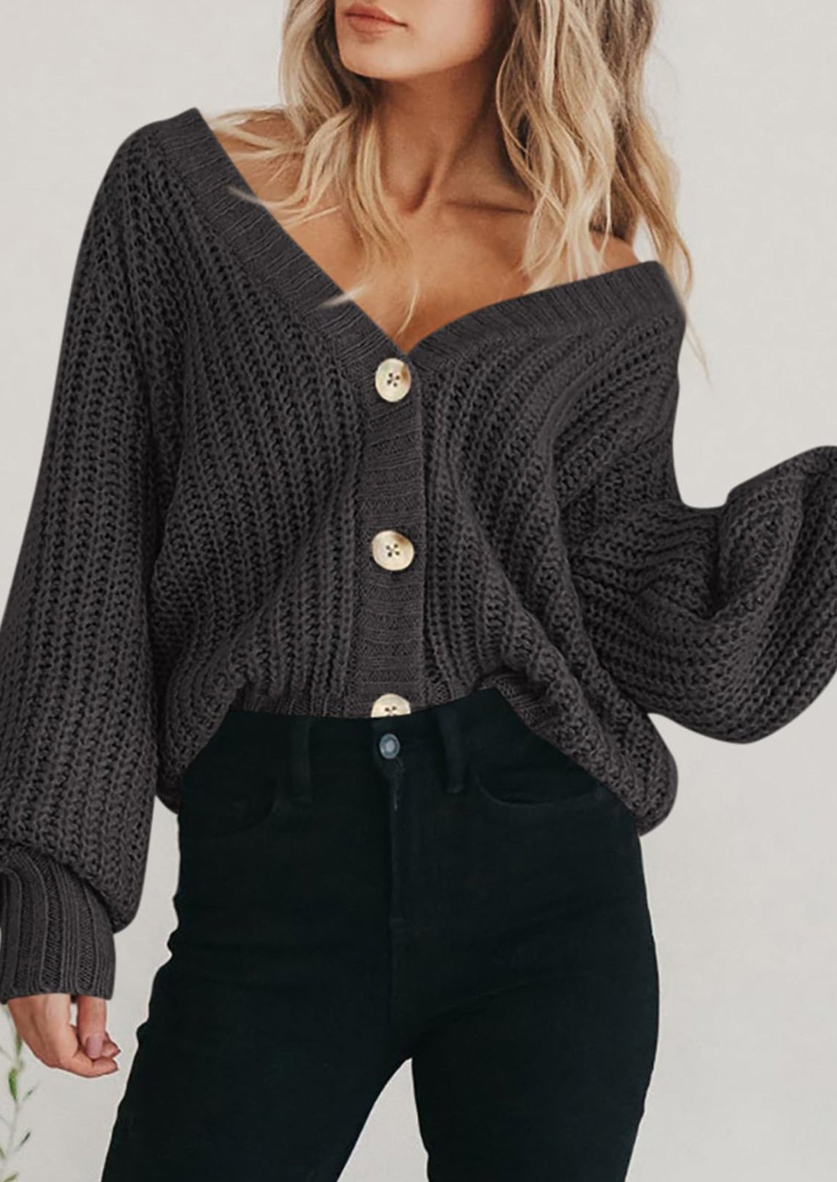 Pisania Women's Chunky Knit Open Front Sweater Long Sleeve Button Loose Short Cardigan Outerwear Coats