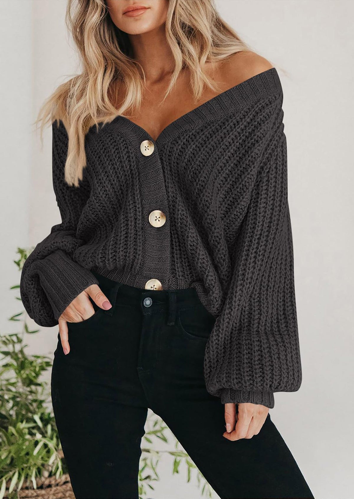 Pisania Women's Chunky Knit Open Front Sweater Long Sleeve Button Loose Short Cardigan Outerwear Coats