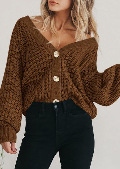 Pisania Women's Chunky Knit Open Front Sweater Long Sleeve Button Loose Short Cardigan Outerwear Coats
