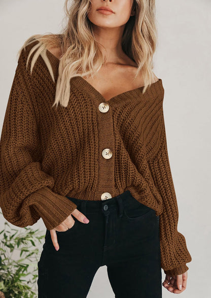 Pisania Women's Chunky Knit Open Front Sweater Long Sleeve Button Loose Short Cardigan Outerwear Coats