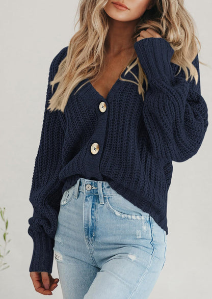 Pisania Women's Chunky Knit Open Front Sweater Long Sleeve Button Loose Short Cardigan Outerwear Coats