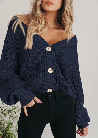 Pisania Women's Chunky Knit Open Front Sweater Long Sleeve Button Loose Short Cardigan Outerwear Coats