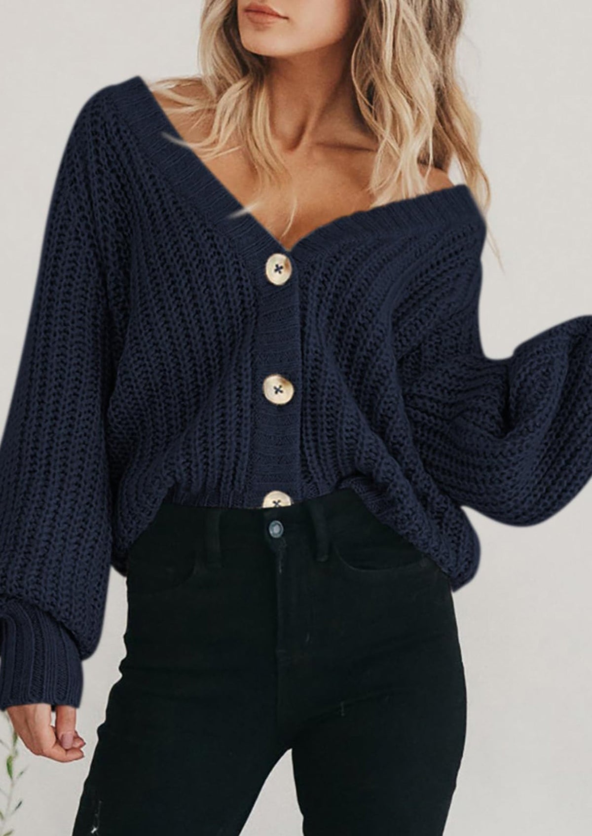 Pisania Women's Chunky Knit Open Front Sweater Long Sleeve Button Loose Short Cardigan Outerwear Coats