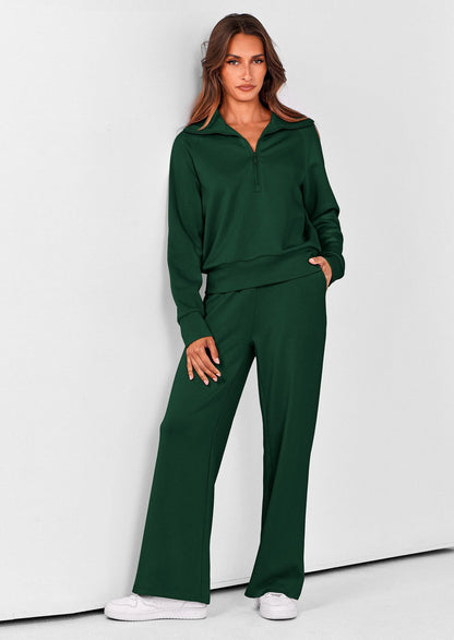 Pisania Women's 2 Piece Outfits Casual Lapel Half Zip Sweatshirts And Wide Leg Pants Tracksuit Sets