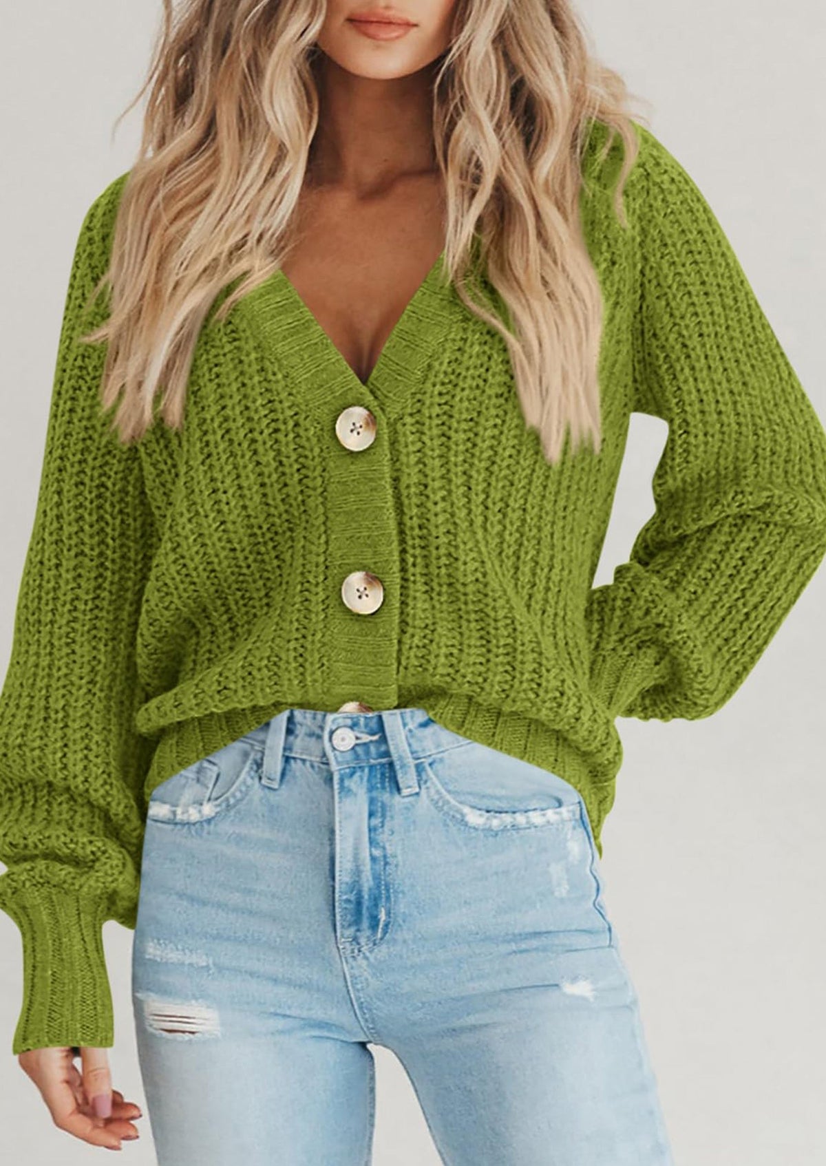 Pisania Women's Chunky Knit Open Front Sweater Long Sleeve Button Loose Short Cardigan Outerwear Coats