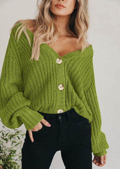 Pisania Women's Chunky Knit Open Front Sweater Long Sleeve Button Loose Short Cardigan Outerwear Coats