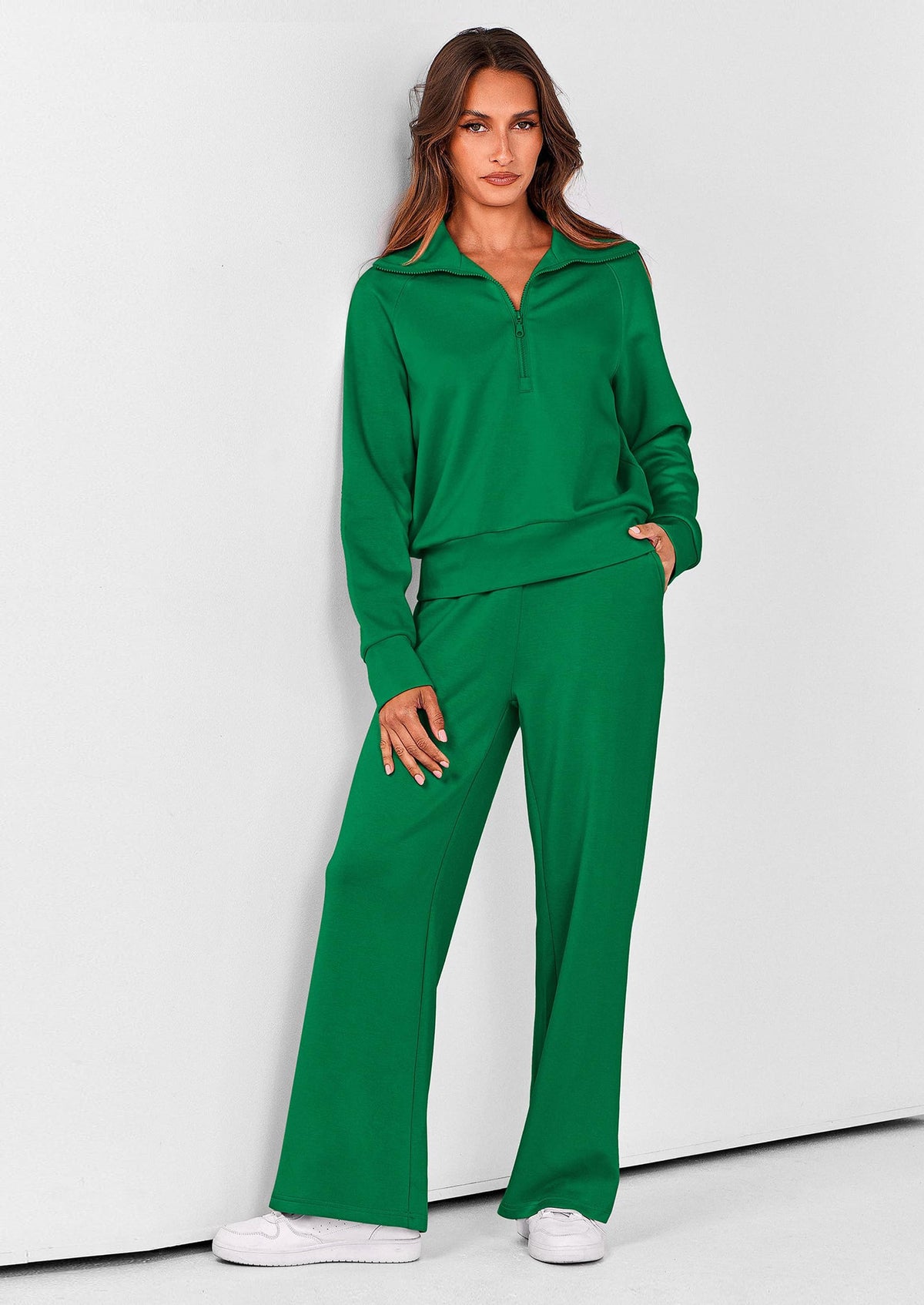 Pisania Women's 2 Piece Outfits Casual Lapel Half Zip Sweatshirts And Wide Leg Pants Tracksuit Sets