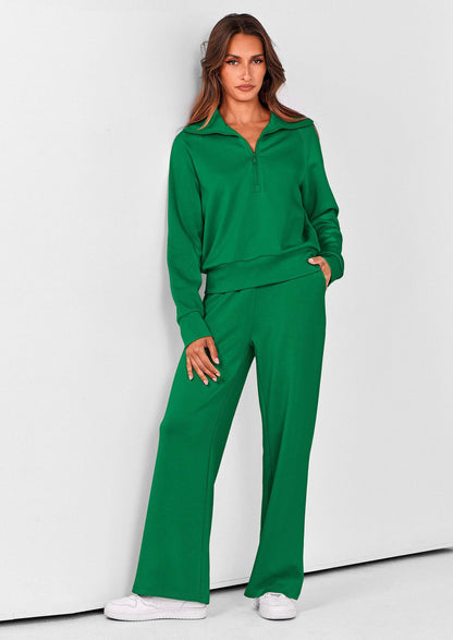Pisania Women's 2 Piece Outfits Casual Lapel Half Zip Sweatshirts And Wide Leg Pants Tracksuit Sets