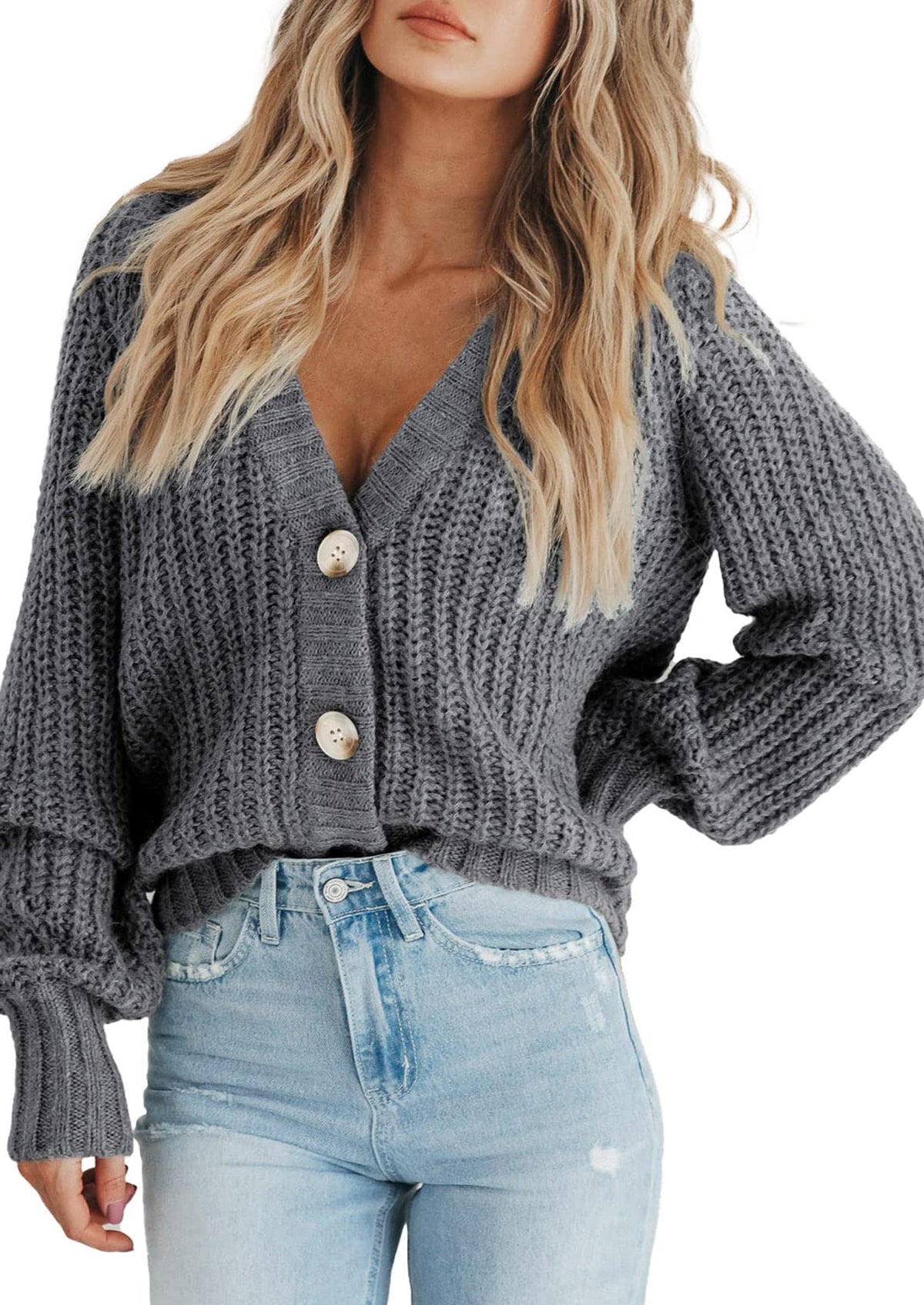 Pisania Women's Chunky Knit Open Front Sweater Long Sleeve Button Loose Short Cardigan Outerwear Coats