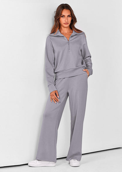 Pisania Women's 2 Piece Outfits Casual Lapel Half Zip Sweatshirts And Wide Leg Pants Tracksuit Sets