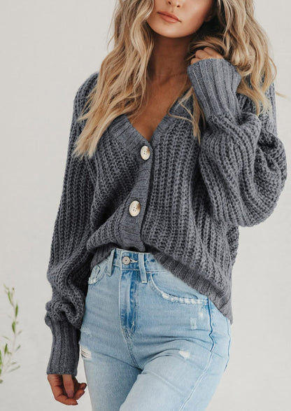 Pisania Women's Chunky Knit Open Front Sweater Long Sleeve Button Loose Short Cardigan Outerwear Coats