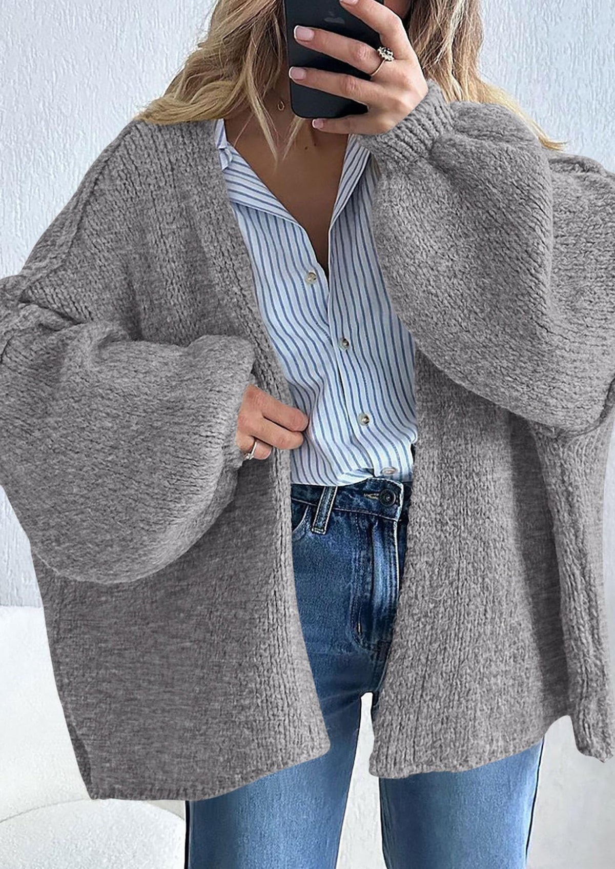 Pisania Womens Oversized Cardigan Sweaters Fall Long Lantern Sleeve Knit Open Front Lightweight Sweater