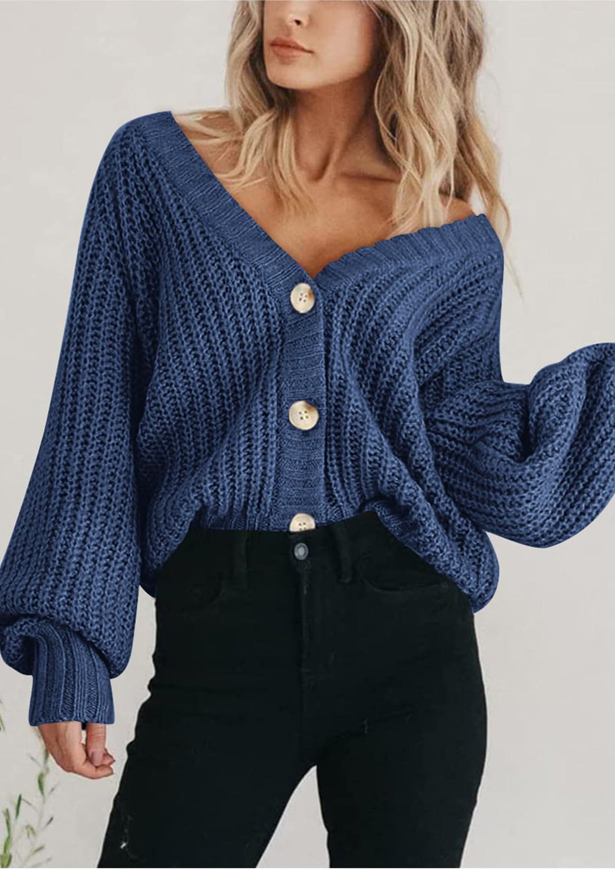 Pisania Women's Chunky Knit Open Front Sweater Long Sleeve Button Loose Short Cardigan Outerwear Coats