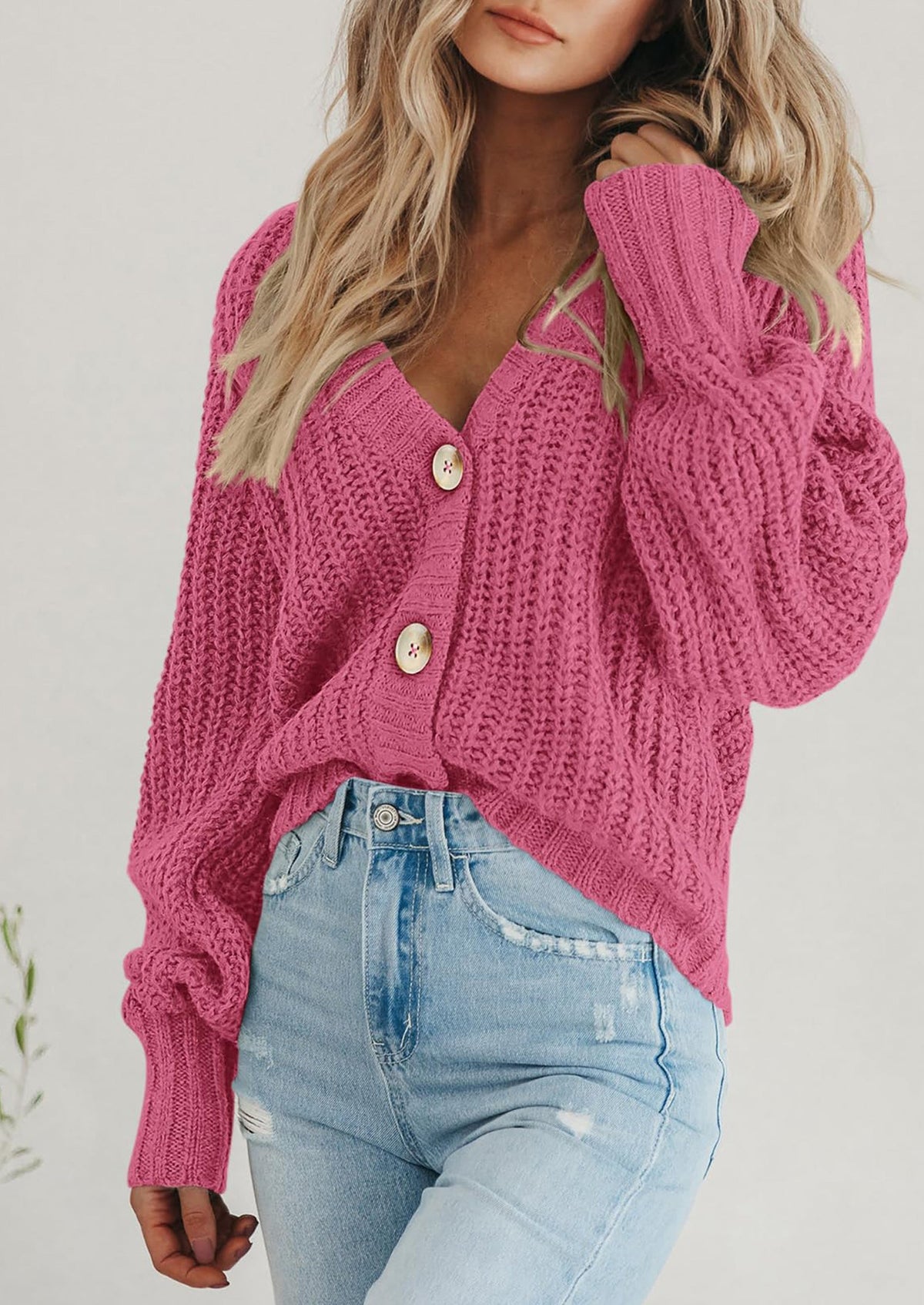Pisania Women's Chunky Knit Open Front Sweater Long Sleeve Button Loose Short Cardigan Outerwear Coats