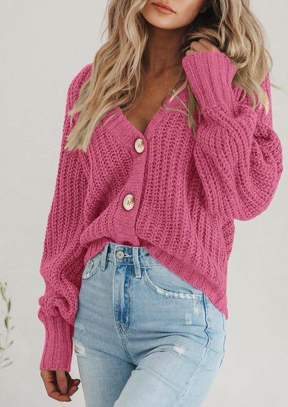 Pisania Women's Chunky Knit Open Front Sweater Long Sleeve Button Loose Short Cardigan Outerwear Coats
