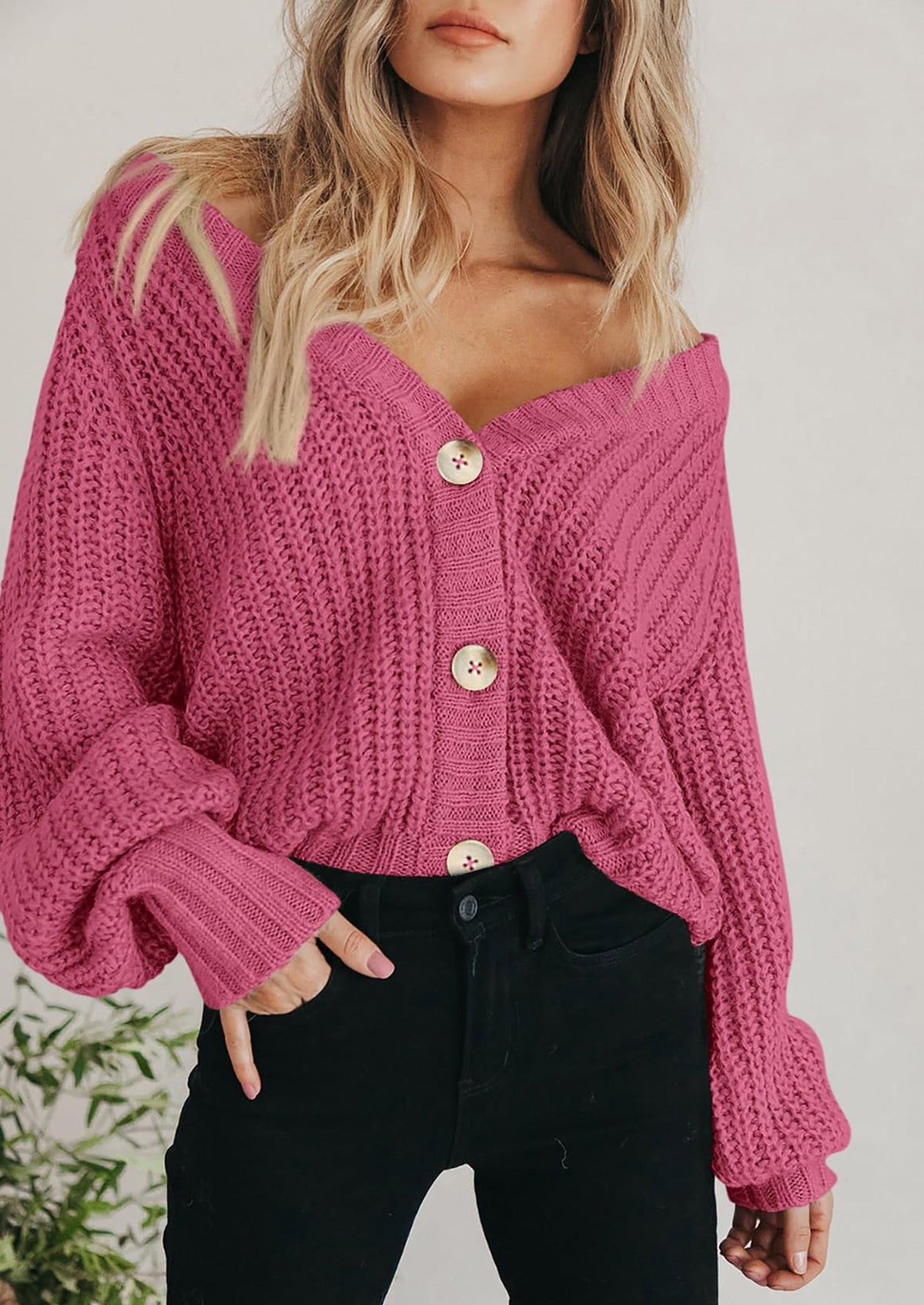 Pisania Women's Chunky Knit Open Front Sweater Long Sleeve Button Loose Short Cardigan Outerwear Coats