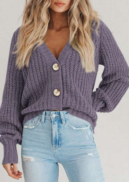 Pisania Women's Chunky Knit Open Front Sweater Long Sleeve Button Loose Short Cardigan Outerwear Coats
