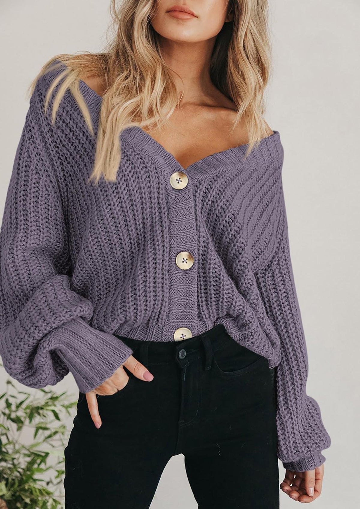 Pisania Women's Chunky Knit Open Front Sweater Long Sleeve Button Loose Short Cardigan Outerwear Coats