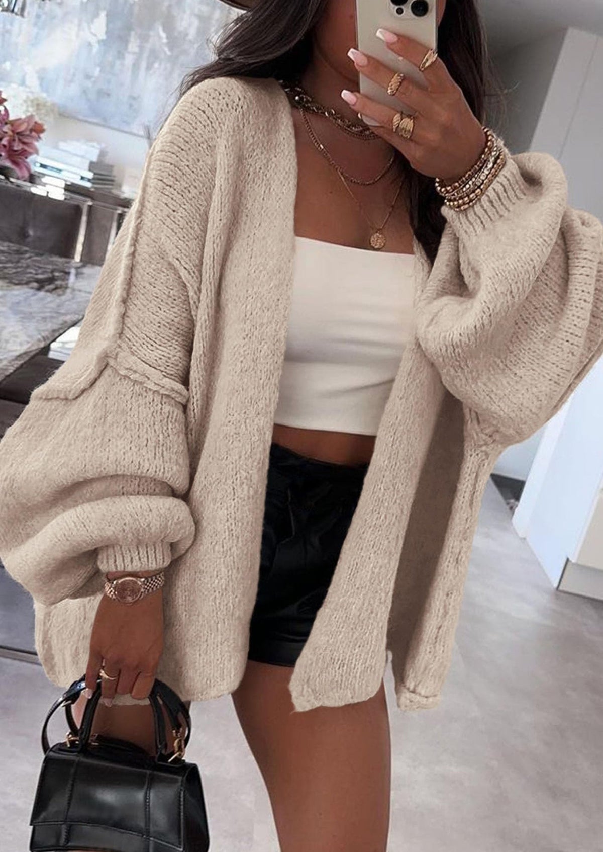 Pisania Womens Oversized Cardigan Sweaters Fall Long Lantern Sleeve Knit Open Front Lightweight Sweater