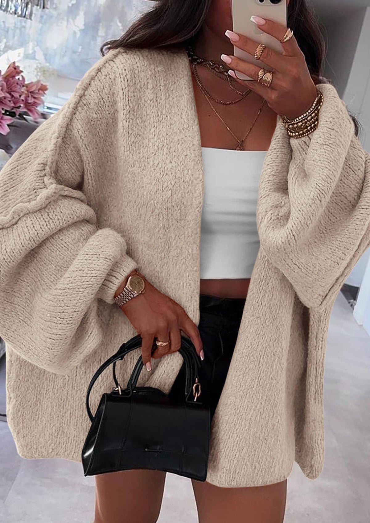 Pisania Womens Oversized Cardigan Sweaters Fall Long Lantern Sleeve Knit Open Front Lightweight Sweater