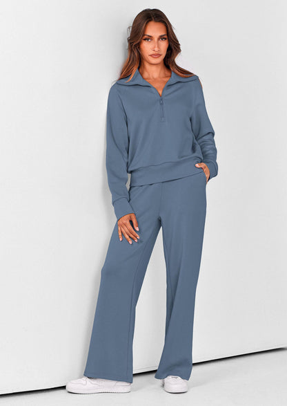 Pisania Women's 2 Piece Outfits Casual Lapel Half Zip Sweatshirts And Wide Leg Pants Tracksuit Sets