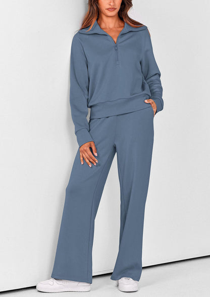 Pisania Women's 2 Piece Outfits Casual Lapel Half Zip Sweatshirts And Wide Leg Pants Tracksuit Sets
