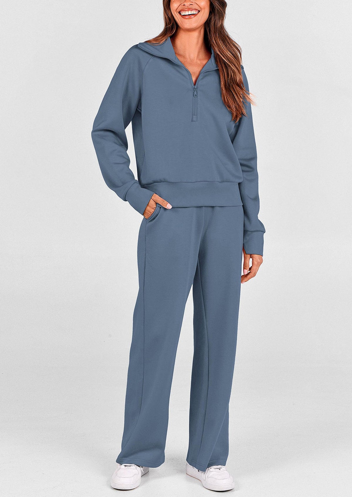 Pisania Women's 2 Piece Outfits Casual Lapel Half Zip Sweatshirts And Wide Leg Pants Tracksuit Sets