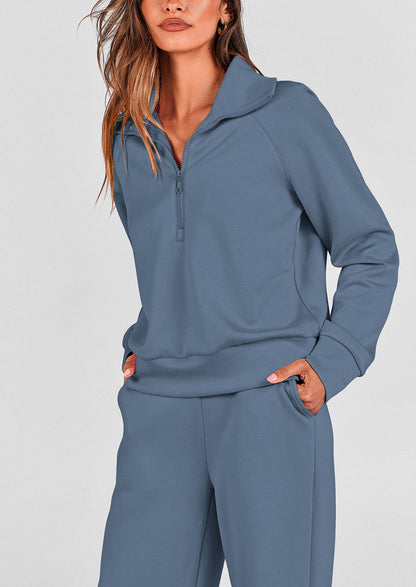 Pisania Women's 2 Piece Outfits Casual Lapel Half Zip Sweatshirts And Wide Leg Pants Tracksuit Sets
