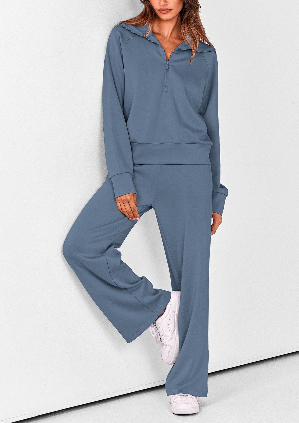 Pisania Women's 2 Piece Outfits Casual Lapel Half Zip Sweatshirts And Wide Leg Pants Tracksuit Sets