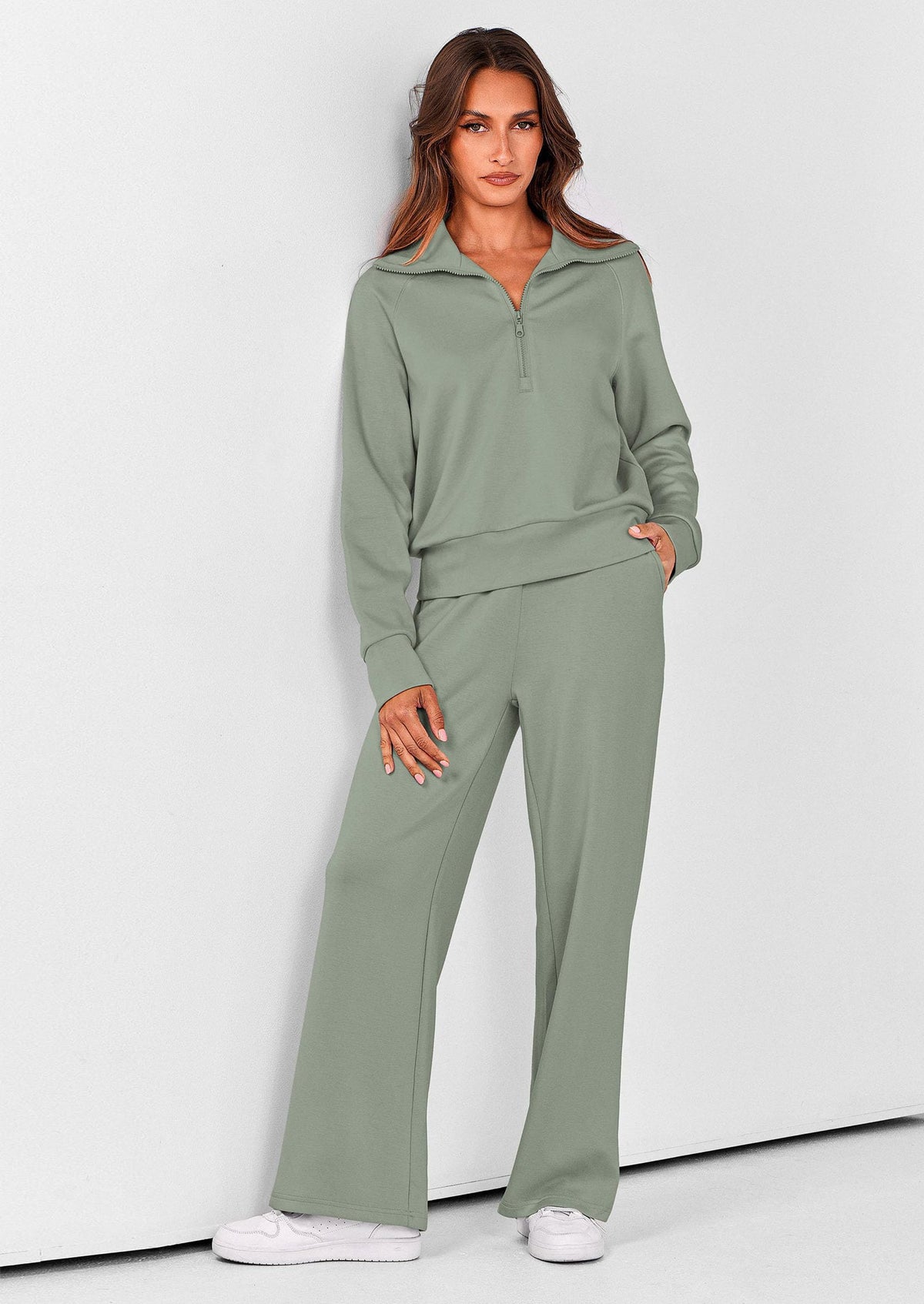 Pisania Women's 2 Piece Outfits Casual Lapel Half Zip Sweatshirts And Wide Leg Pants Tracksuit Sets