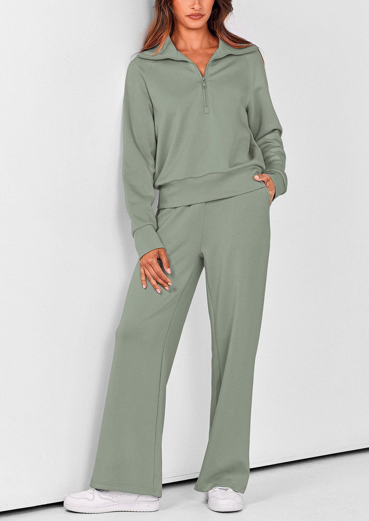 Pisania Women's 2 Piece Outfits Casual Lapel Half Zip Sweatshirts And Wide Leg Pants Tracksuit Sets