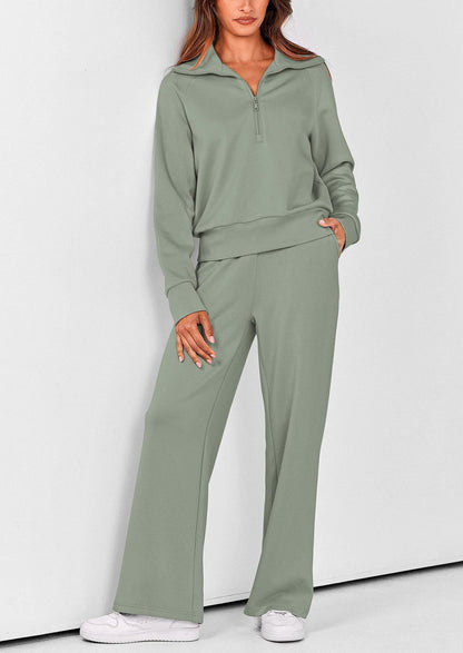 Pisania Women's 2 Piece Outfits Casual Lapel Half Zip Sweatshirts And Wide Leg Pants Tracksuit Sets