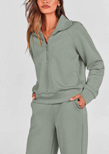 Pisania Women's 2 Piece Outfits Casual Lapel Half Zip Sweatshirts And Wide Leg Pants Tracksuit Sets