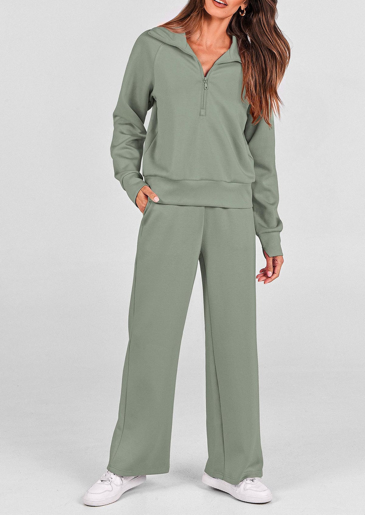 Pisania Women's 2 Piece Outfits Casual Lapel Half Zip Sweatshirts And Wide Leg Pants Tracksuit Sets