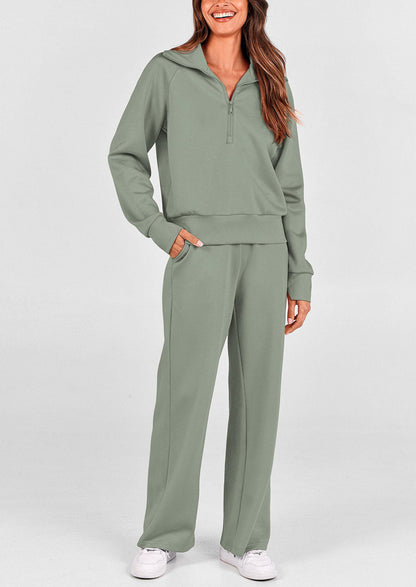 Pisania Women's 2 Piece Outfits Casual Lapel Half Zip Sweatshirts And Wide Leg Pants Tracksuit Sets