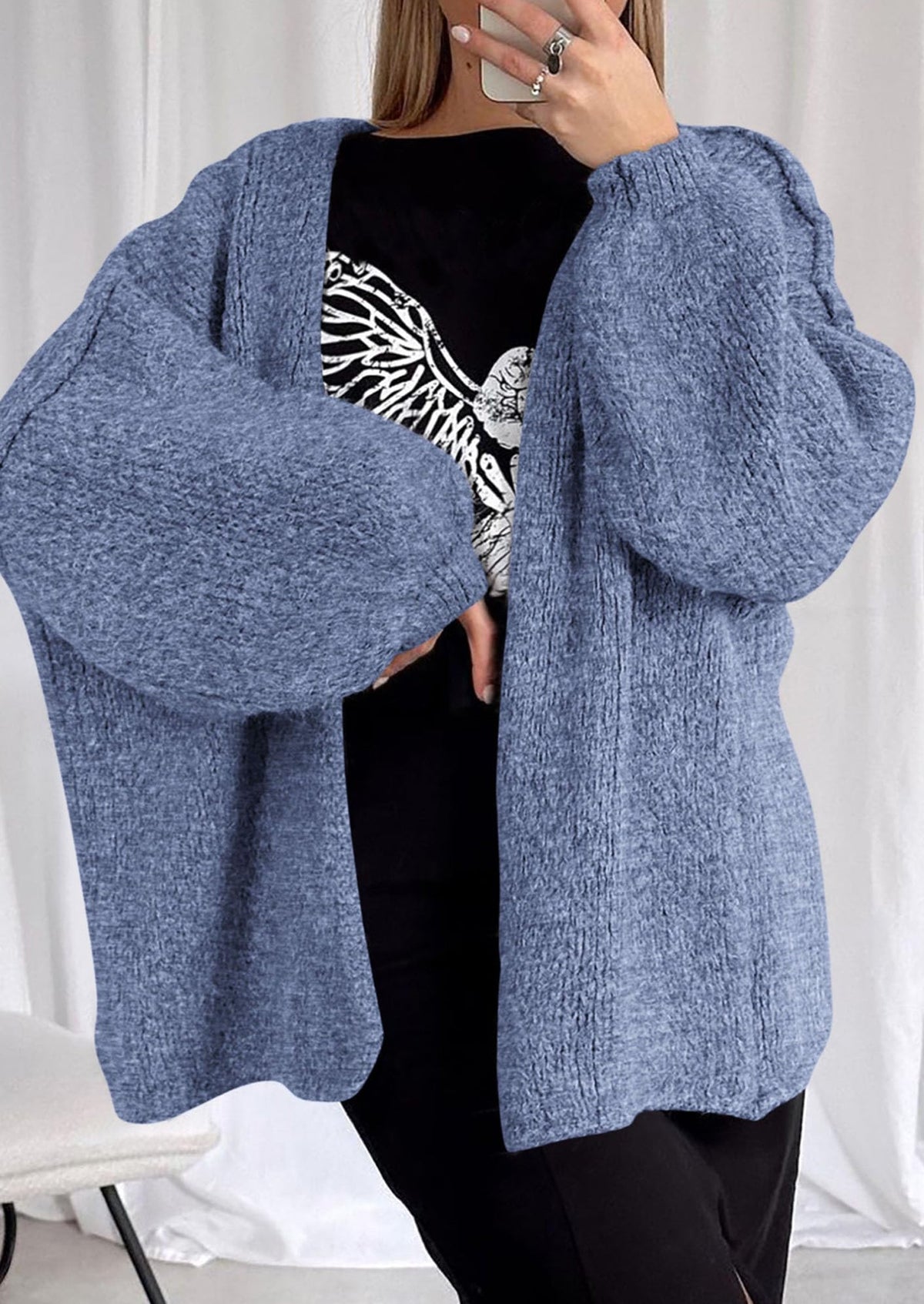 Pisania Womens Oversized Cardigan Sweaters Fall Long Lantern Sleeve Knit Open Front Lightweight Sweater