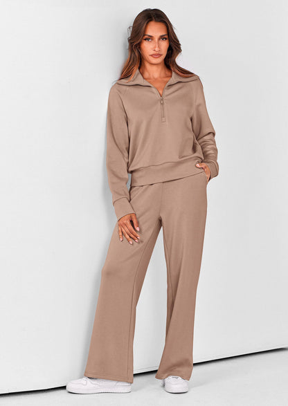 Pisania Women's 2 Piece Outfits Casual Lapel Half Zip Sweatshirts And Wide Leg Pants Tracksuit Sets
