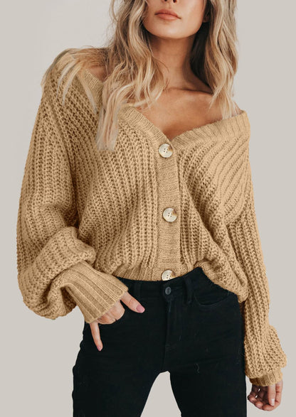 Pisania Women's Chunky Knit Open Front Sweater Long Sleeve Button Loose Short Cardigan Outerwear Coats