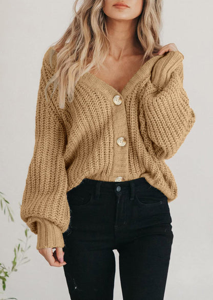 Pisania Women's Chunky Knit Open Front Sweater Long Sleeve Button Loose Short Cardigan Outerwear Coats