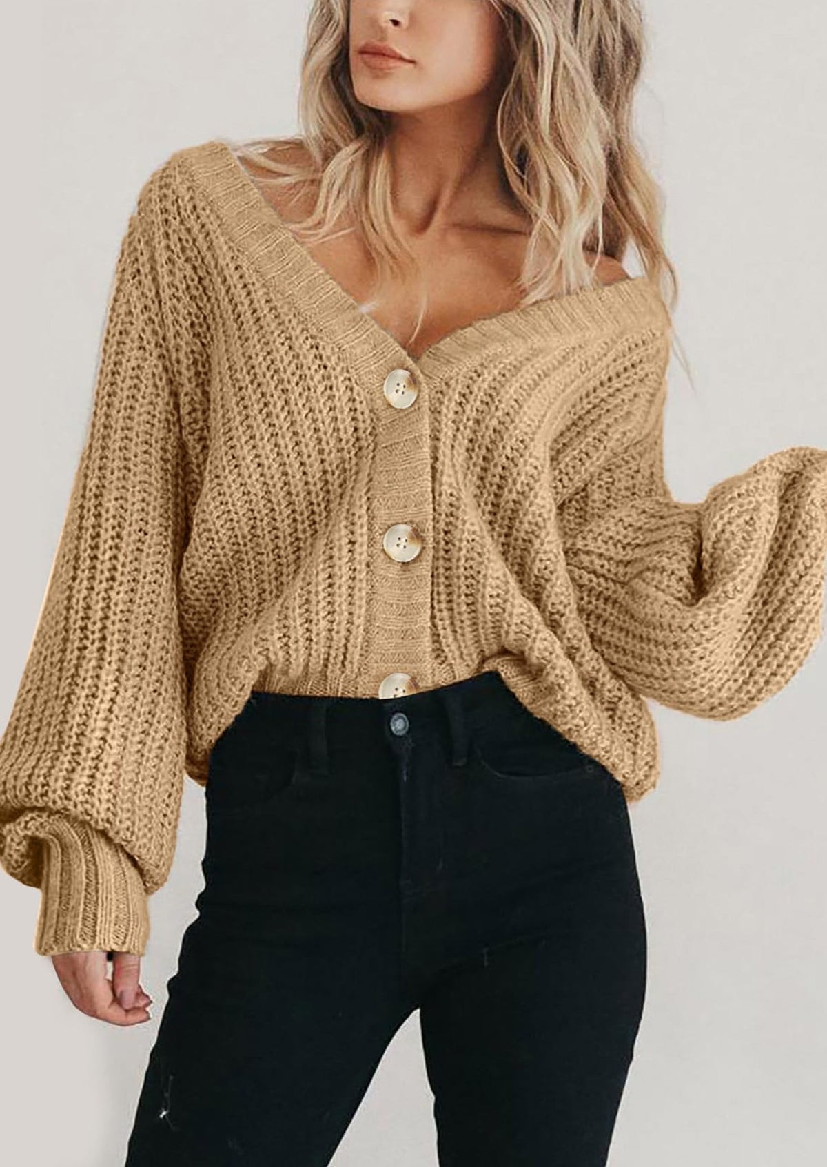 Pisania Women's Chunky Knit Open Front Sweater Long Sleeve Button Loose Short Cardigan Outerwear Coats